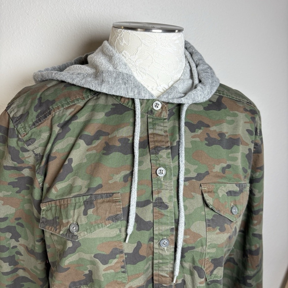 Empyre Mens L Green Camo Hooded Shacket Button Up Shirt Streetwear Cotton Blend - Picture 3 of 16